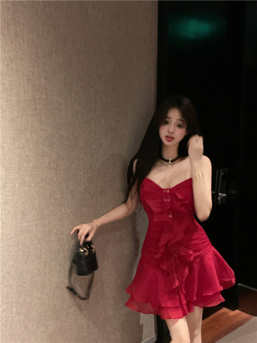 French red rose V-neck suspender dress new style small hot girl waist slimming a-line skirt
