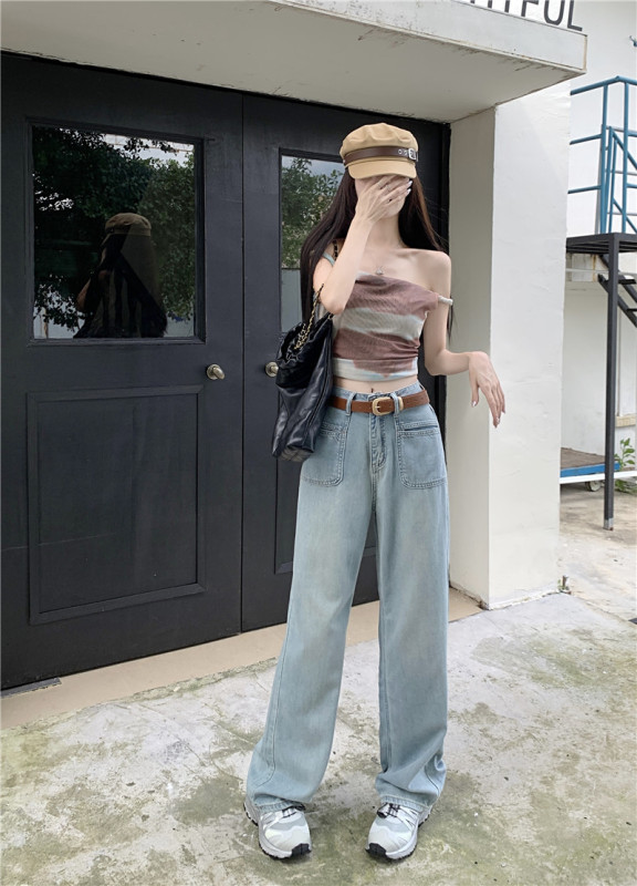 ~Wide-leg jeans women's summer small design hot girl loose retro slim trousers