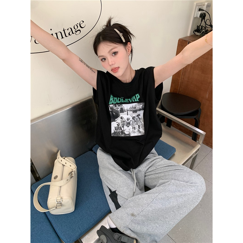 Official picture 220g 6535 pull frame cotton American letter sleeveless t-shirt female 2023 summer new retro