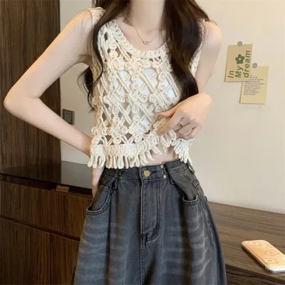 French chic summer new retro hot girl pure desire wind hollow sleeveless vest vest blouse casual women's top