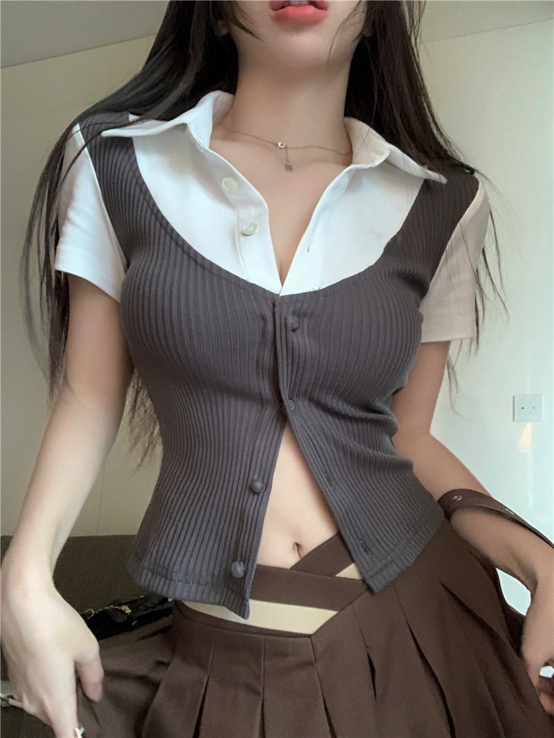 American retro pure desire fake two-piece splicing short-sleeved shirt women's summer short slim fit niche shirt cardigan top