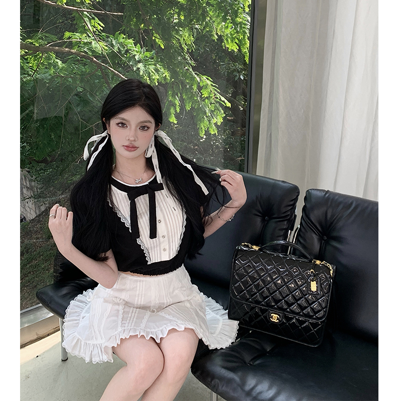 Baby doll collar bow shirt sweet and spicy design A line suit skirt for women
