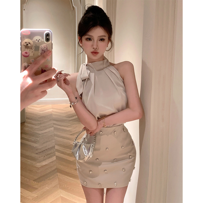 Satin ice silk high-end sense suit camisole female summer two-piece sexy bag hip skirt