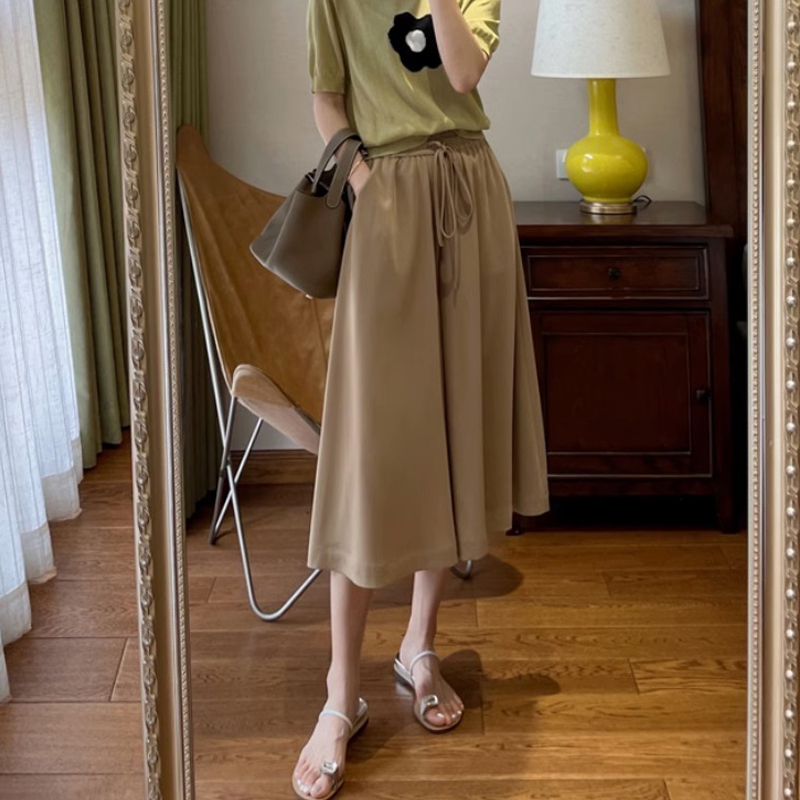 Official picture Ice silk wide-leg pants women's summer high waist slimming pear-shaped figure loose drape cropped culottes skirt