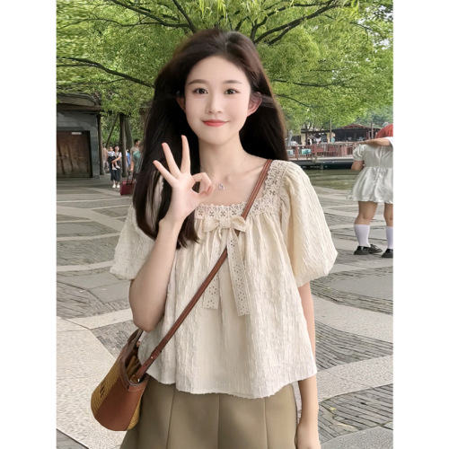 Douyin Quality French Square Neck Puff Sleeves Lace Lace Premium Sense Top