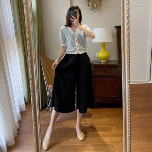 Official picture Ice silk wide-leg pants women's summer high waist slimming pear-shaped figure loose drape cropped culottes skirt