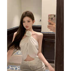 Hand-stitched flowers, pure desire, halter neck, camisole, women's summer wear, sexy and thin sleeveless top