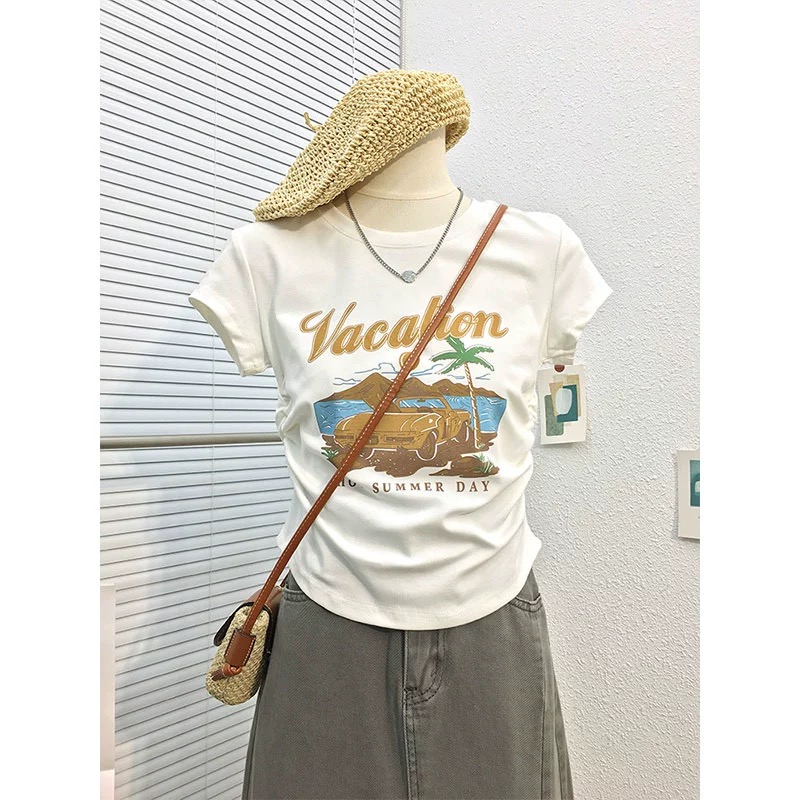 American retro irregular shoulder short-sleeved t-shirt women's 2023 summer new slim fit thin half-sleeved short top