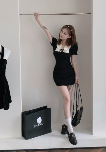 Classical ballet girl black and white knitted dress female waist slimming temperament a-line skirt