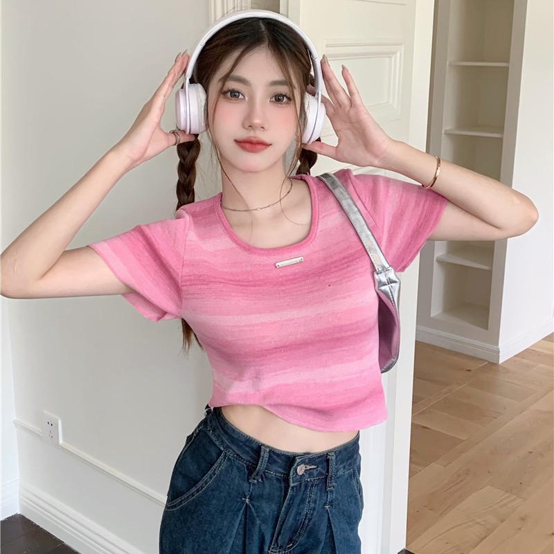 Spice Girl Gradient Color Rainbow Stripe Shoulder Knitwear T-Shirt Round Neck Short Slim Fit Sweet Short Top Ins Style