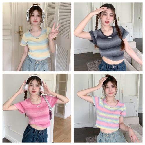 Spice Girl Gradient Color Rainbow Stripe Shoulder Knitwear T-Shirt Round Neck Short Slim Fit Sweet Short Top Ins Style