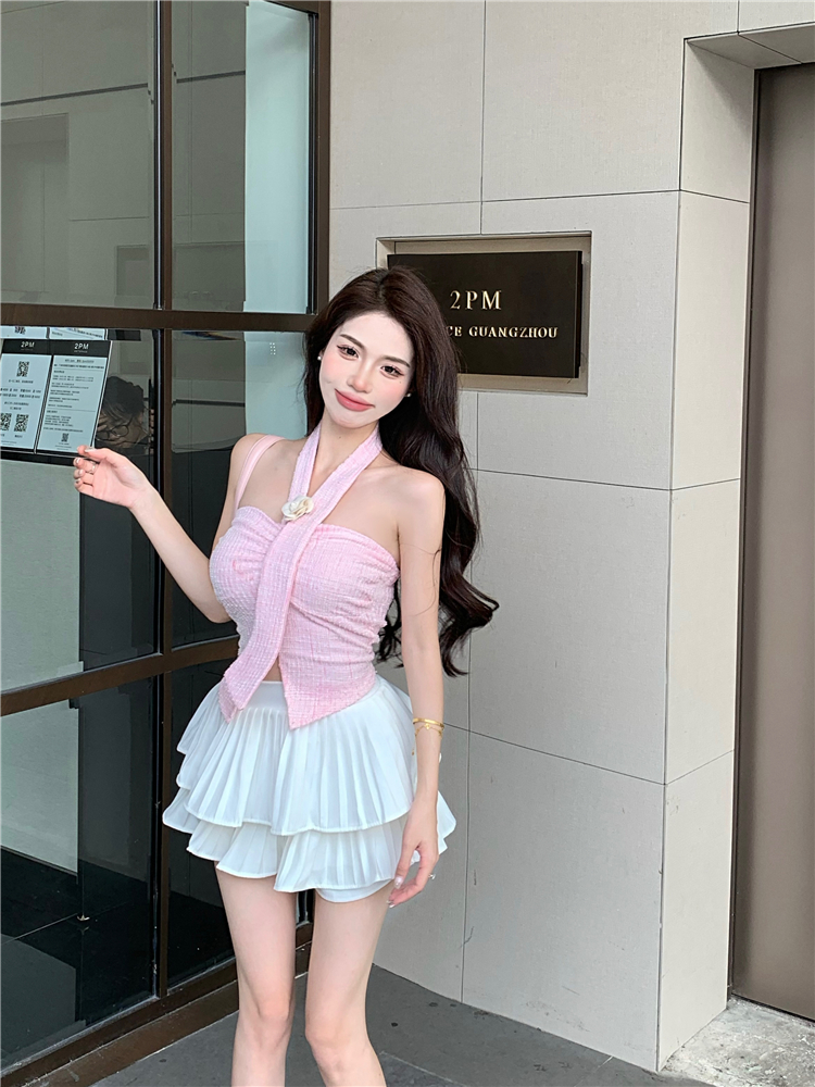 !  Camellia Backless Sleeveless Halter Tank Top Layer Cake Pleated Skirt