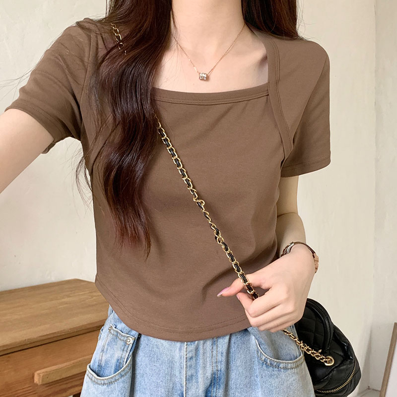 Irregular square collar thin short-sleeved t-shirt women's summer French slim short cotton front shoulder top