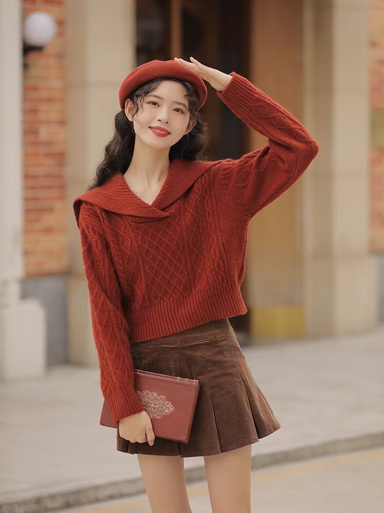 Big Lapel Retro Sweater High Waist Short Sweater Women 2023 Winter Soft Waxy Pullover Long Sleeve Pullover Knitted Top