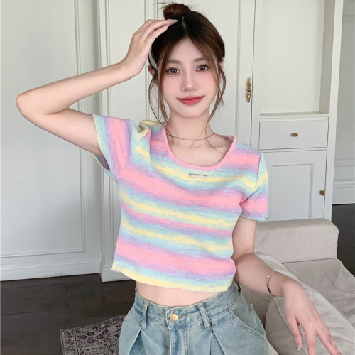 Spice Girl Gradient Color Rainbow Stripe Shoulder Knitwear T-Shirt Round Neck Short Slim Fit Sweet Short Top Ins Style