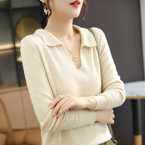 POLO collar pure wool sweater women's pullover long-sleeved loose sweater versatile temperament core-spun yarn