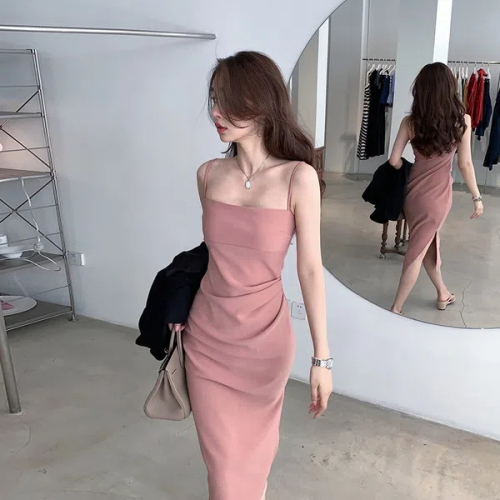 Pink suspender dress long and short 2023 new spring and autumn slimming age reduction folds slit bottoming skirt all-match