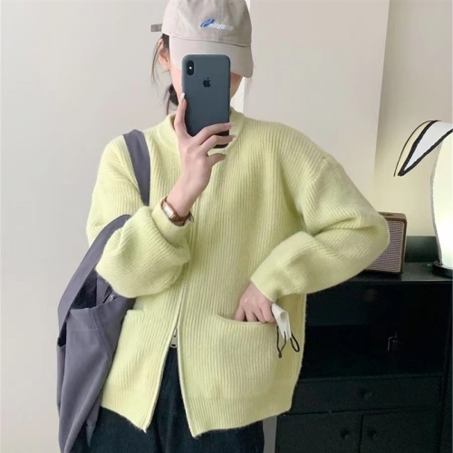  spring and summer new spring and autumn new lazy style high-end vertical pit strip double-head zipper round neck cardigan retro