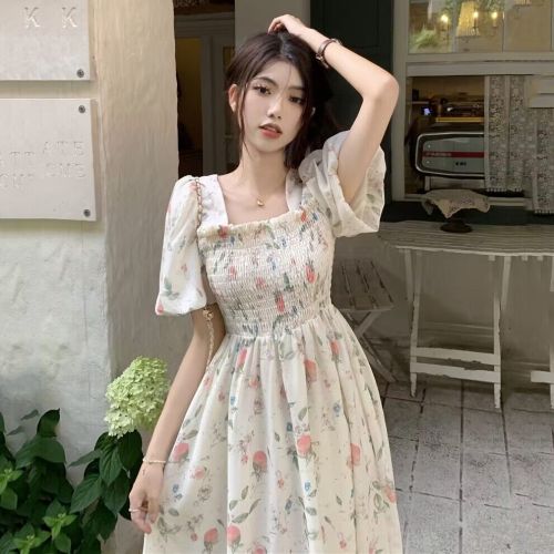 French style gentle style sweet square collar floral tea break dress