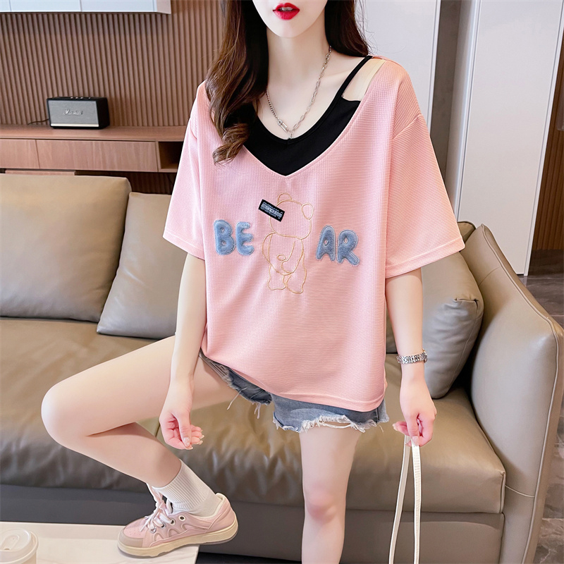 2023#Waffle small top women's loose embroidery stitching design feeling patch color insert t-shirt women