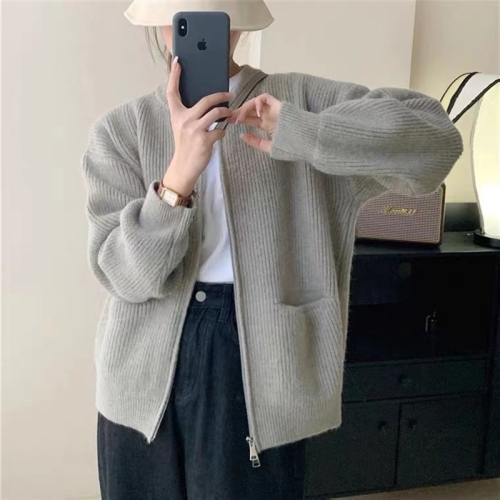  spring and summer new spring and autumn new lazy style high-end vertical pit strip double-head zipper round neck cardigan retro