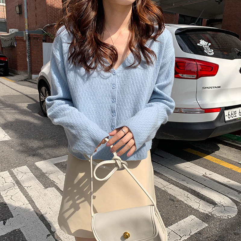 Autumn soft milk smog blue short sweater jacket female sunscreen lazy V-neck long-sleeved thin core-spun yarn