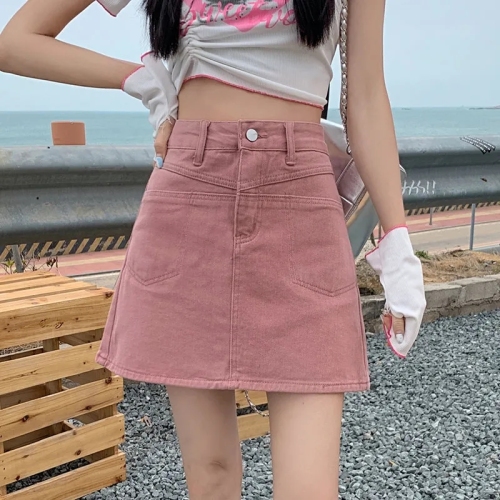 Pink denim short skirt women's summer 2023 new anti-light thin skirt high waist a-line bag hip skirt