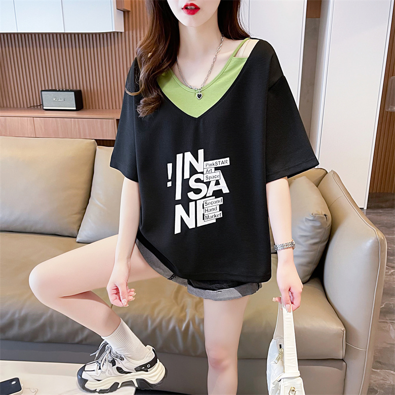 2023#Waffle small top women's loose stitching printing design sense color-blocking t-shirt women