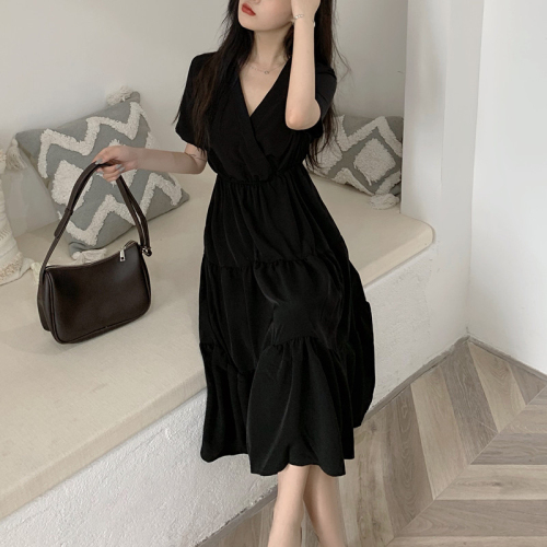 Black dress female summer 2023 new French style large size women's clothing fat mm design sense chiffon tea break long skirt