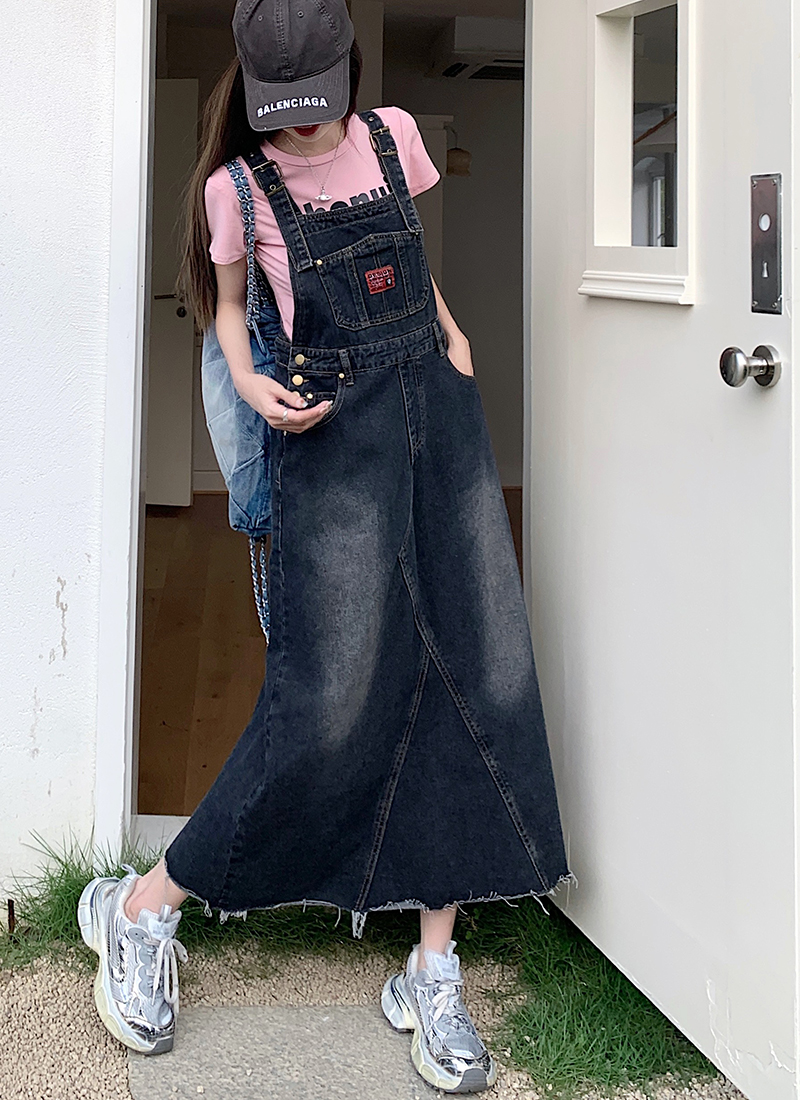 2023 Summer New Vintage Accent Retro American Denim Workwear Strap Dress Female