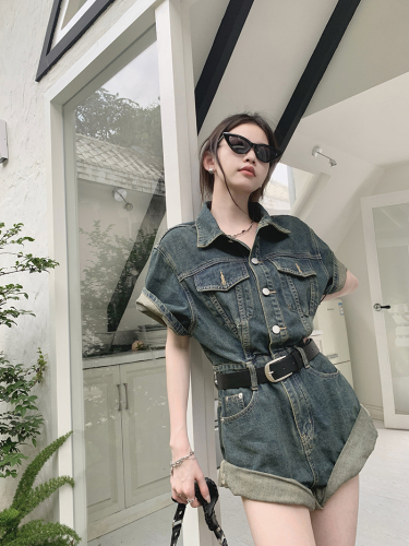 Korean denim jumpsuit summer design sense retro high waist jumpsuit shorts