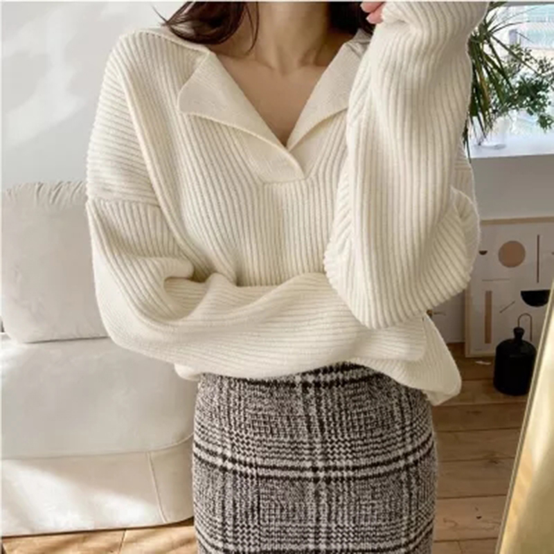 Retro lazy style bf loose long-sleeved POLO collar knitwear for women in autumn and winter with pitted mohair