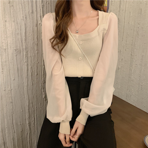 Gentle Wind Knit Top Women's Design Sense Spring and Autumn New Short Square Neck Long Sleeve Icy Silk
