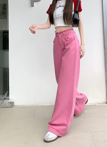 2023 summer new style old washed raw edge jeans women's high waist retro loose mopping wide leg pants