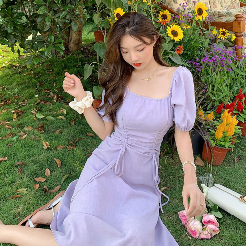 Square collar pleated dress women 2023 summer new small man loose and thin and high temperament long skirt for women