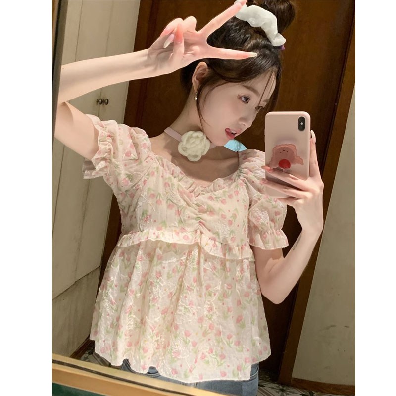 Sweet loose floral small fresh puff sleeve short-sleeved shirt small women's summer age-reducing small shirt short top