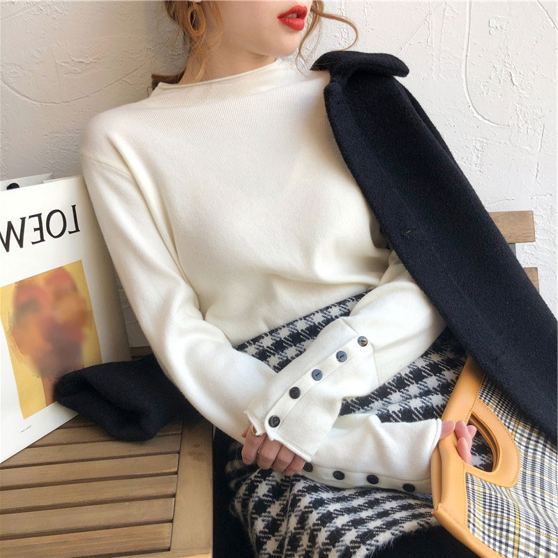 Autumn and winter new all-match outerwear half-high collar bottoming knitted sweater slim sweater women's core-spun yarn
