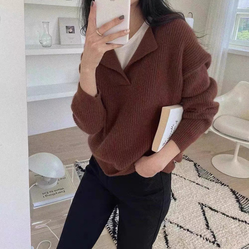 Retro lazy style bf loose long-sleeved POLO collar knitwear for women in autumn and winter with pitted mohair
