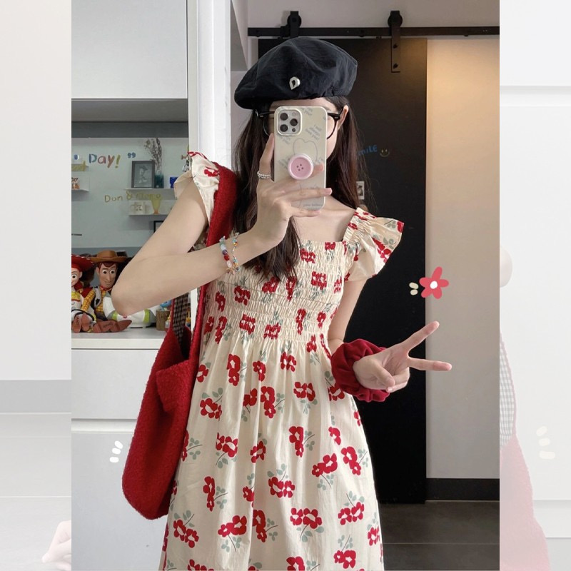 French small flying sleeves white floral sling dress women's summer small first love girl feeling niche long skirt