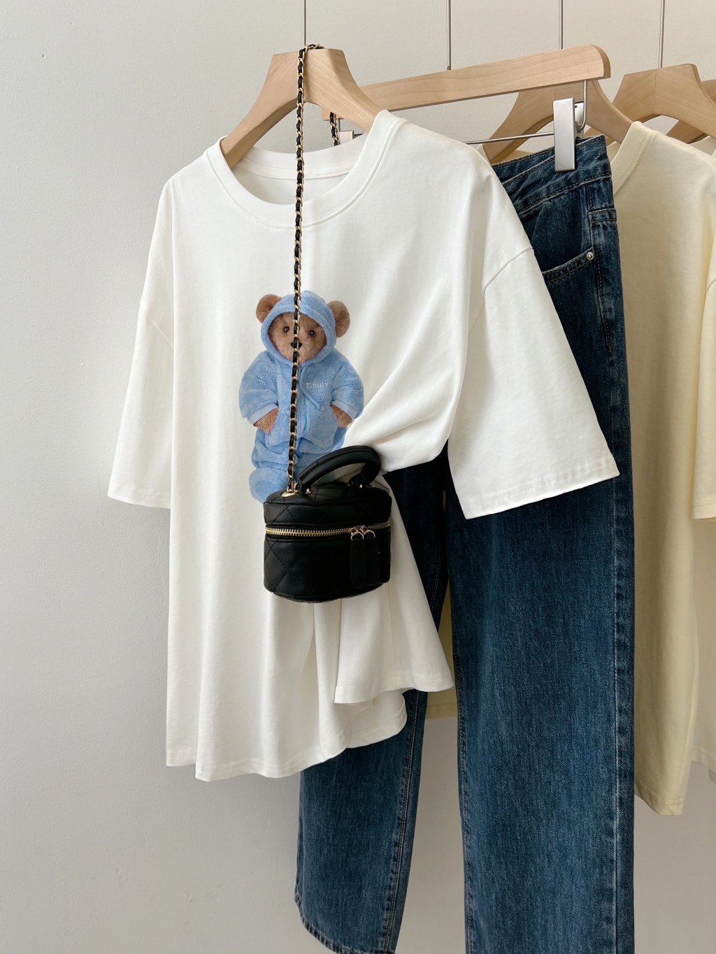 Cotton wrap collar 2023 summer new 200g cotton shoulder strip loose print short-sleeved t-shirt