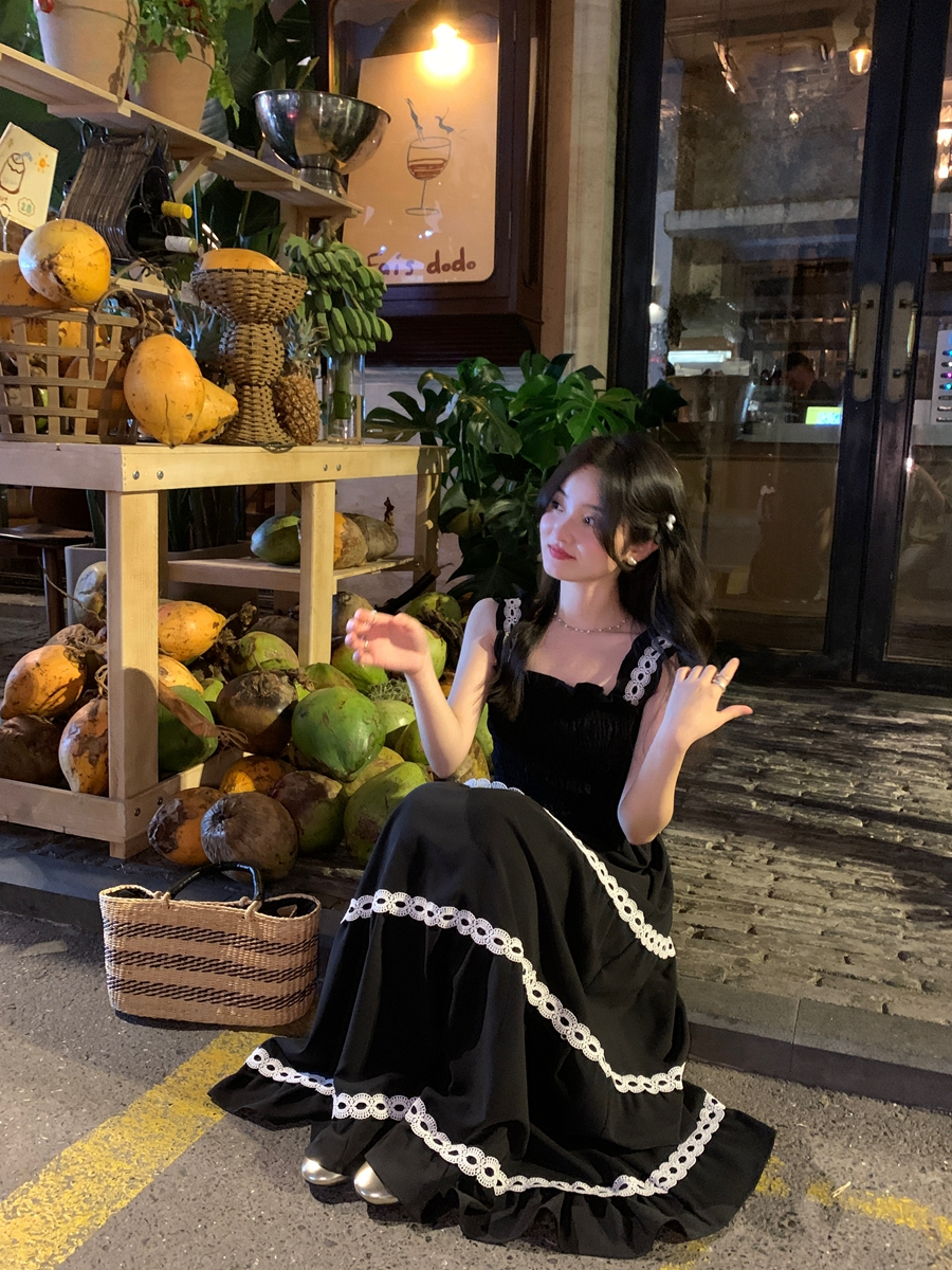 Matsumoto mourning black suspenders dress tea break French romantic ribbon lace loose waist long skirt