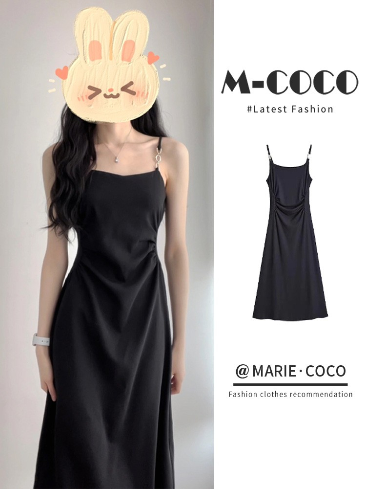 French design sense black bag hip mid-length 2023 summer new slim fit thin waist suspender dress