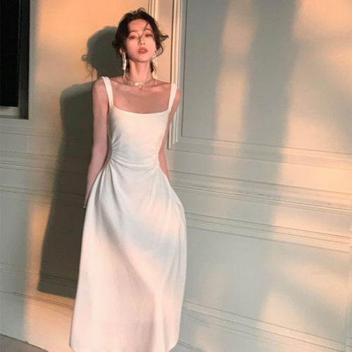 French high-end simple temperament square collar white suspender dress summer mid-length pleated waist vest skirt