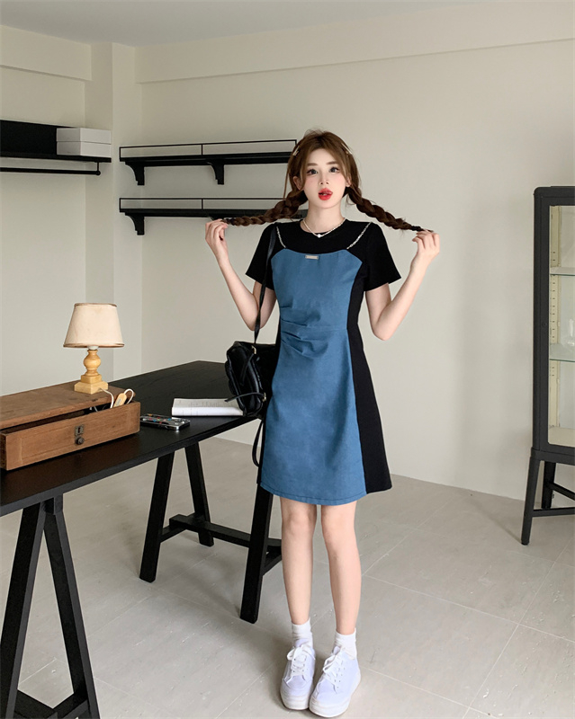 Original quality Tmall quality large size retro denim dress female summer skirt fat mm belly cover thin