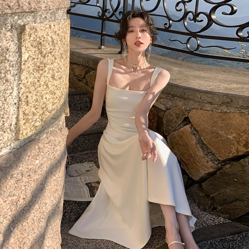 French high-end simple temperament square collar white suspender dress summer mid-length pleated waist vest skirt