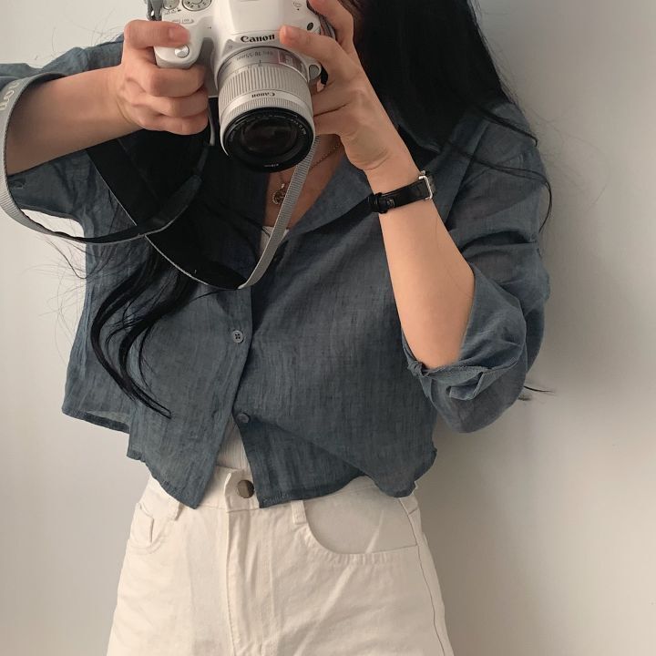 Korean chic age-reducing single-breasted lapel pleated long-sleeved shirt loose short sun protection shirt