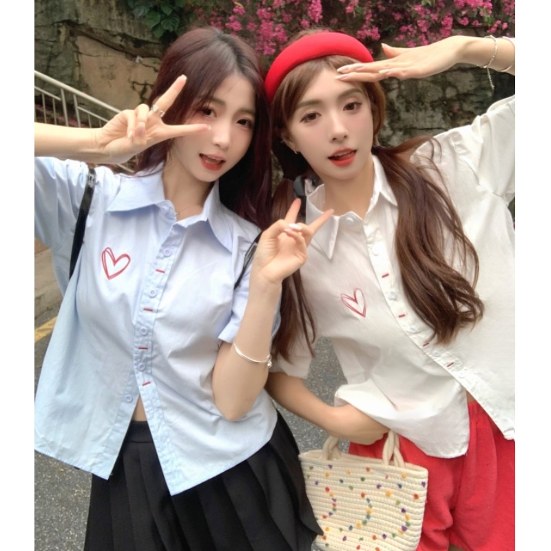 College style polo collar love embroidery loose shirt design sense niche short-sleeved white shirt top women's summer new style