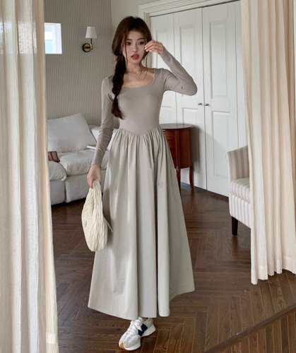 From 82 to 2023 autumn new square collar long-sleeved knitted dress women's French waist slimming dress