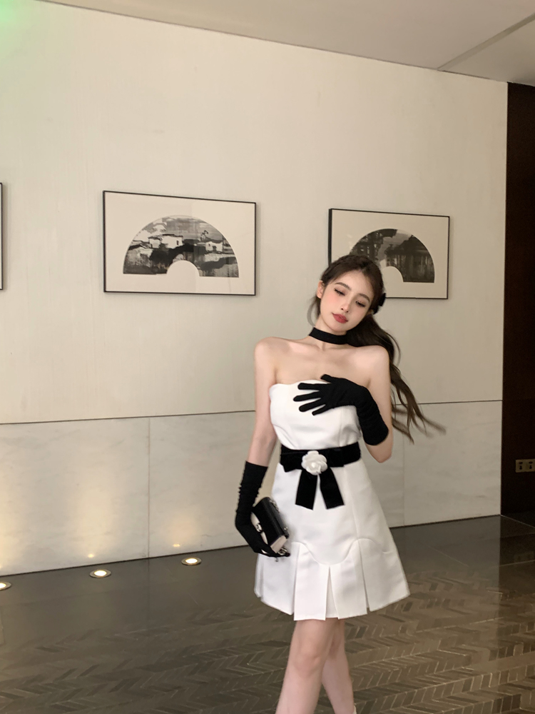 2023 new glove collar temperament dress female summer French high-end tube top skirt