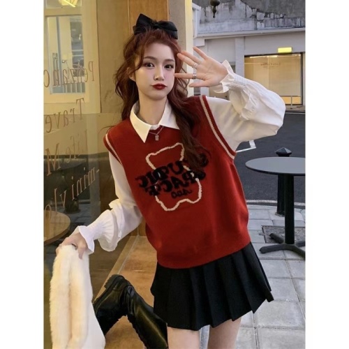 Two-piece suit spring and autumn retro chic knitted bear vest student sweater vest female